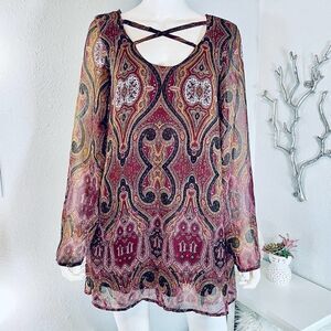 TOBI Bohemian A Line Dress Long Sleeve Maroon Womens Small